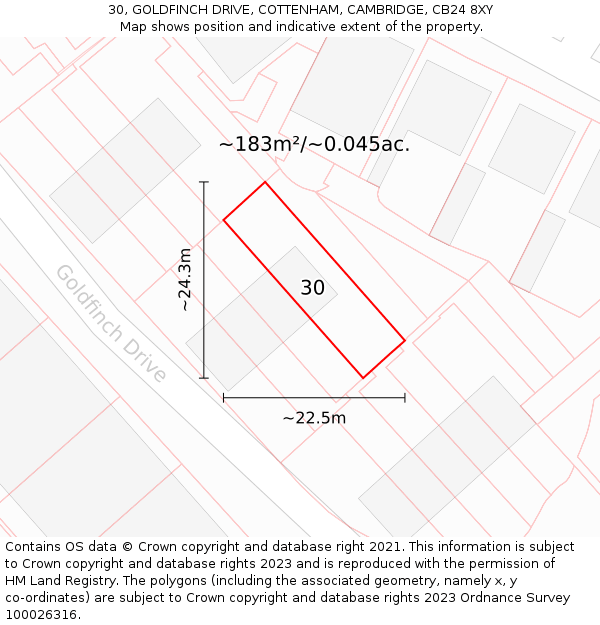 30, GOLDFINCH DRIVE, COTTENHAM, CAMBRIDGE, CB24 8XY: Plot and title map