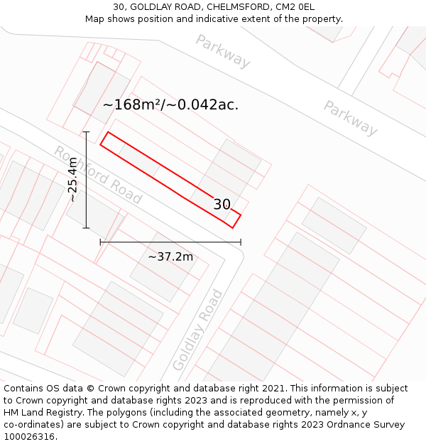 30, GOLDLAY ROAD, CHELMSFORD, CM2 0EL: Plot and title map