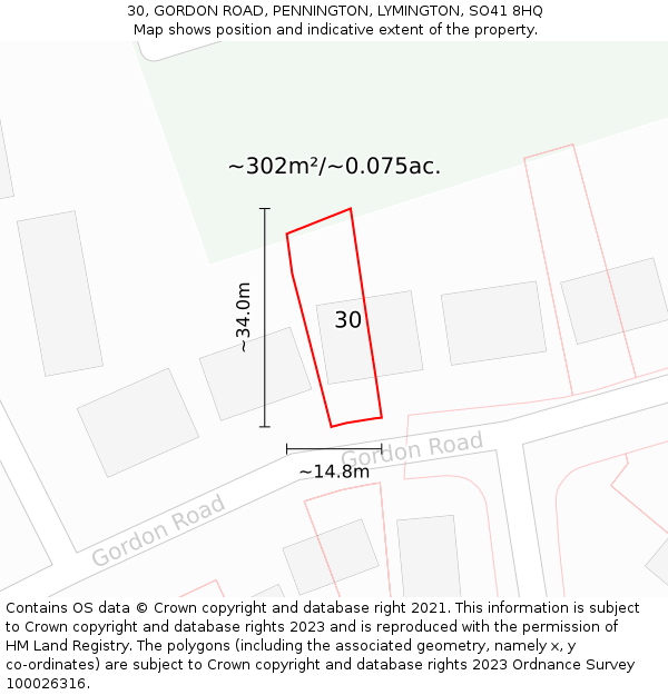 30, GORDON ROAD, PENNINGTON, LYMINGTON, SO41 8HQ: Plot and title map