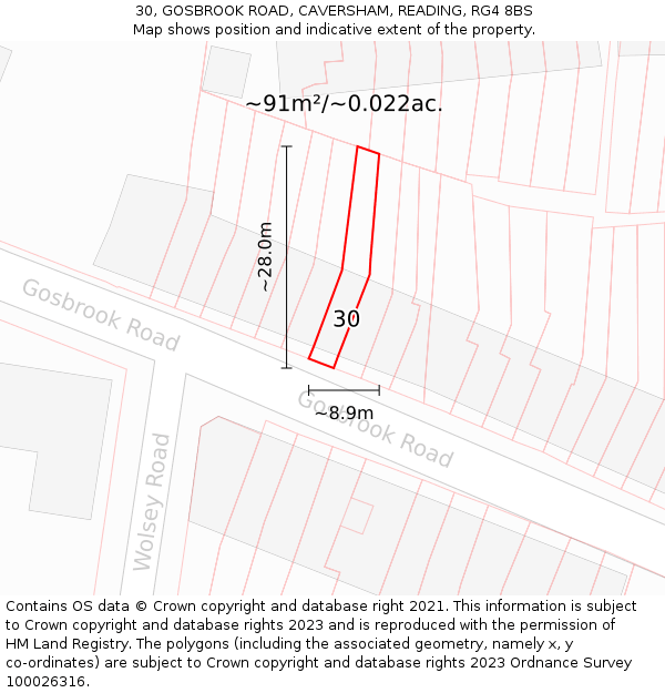 30, GOSBROOK ROAD, CAVERSHAM, READING, RG4 8BS: Plot and title map
