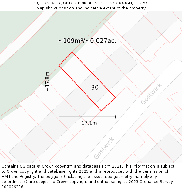 30, GOSTWICK, ORTON BRIMBLES, PETERBOROUGH, PE2 5XF: Plot and title map