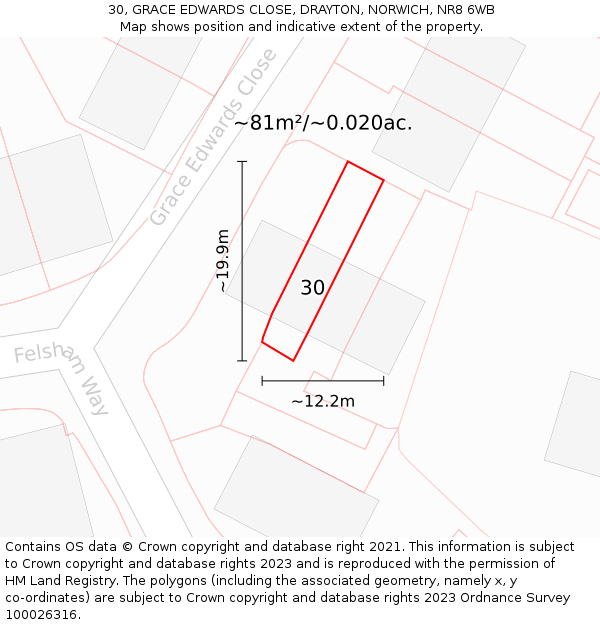 30, GRACE EDWARDS CLOSE, DRAYTON, NORWICH, NR8 6WB: Plot and title map