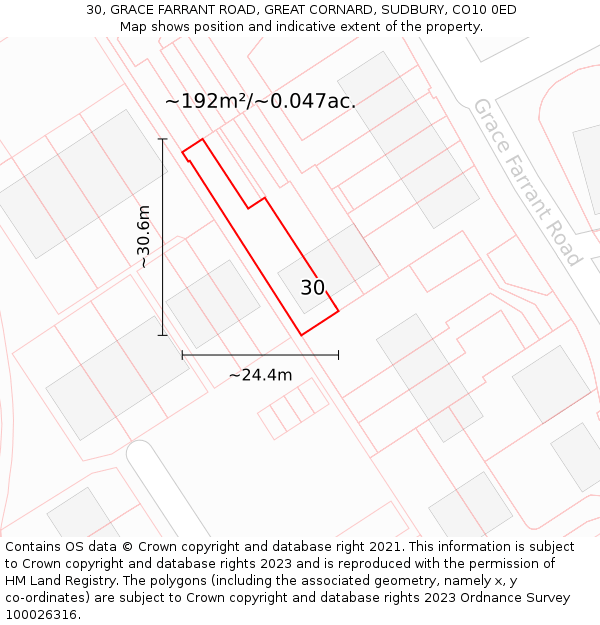 30, GRACE FARRANT ROAD, GREAT CORNARD, SUDBURY, CO10 0ED: Plot and title map