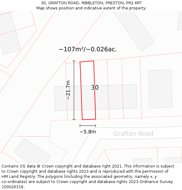 30, GRAFTON ROAD, RIBBLETON, PRESTON, PR2 6RT: Plot and title map