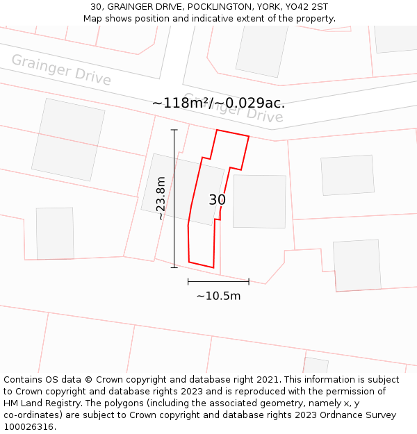 30, GRAINGER DRIVE, POCKLINGTON, YORK, YO42 2ST: Plot and title map
