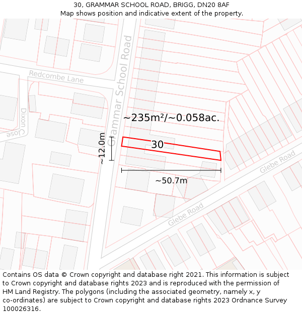 30, GRAMMAR SCHOOL ROAD, BRIGG, DN20 8AF: Plot and title map