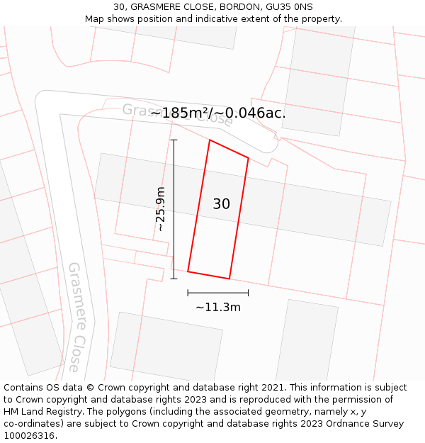 30, GRASMERE CLOSE, BORDON, GU35 0NS: Plot and title map