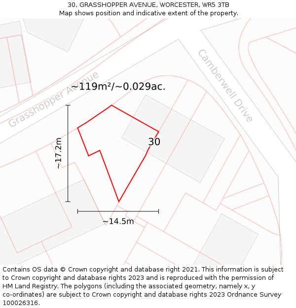 30, GRASSHOPPER AVENUE, WORCESTER, WR5 3TB: Plot and title map