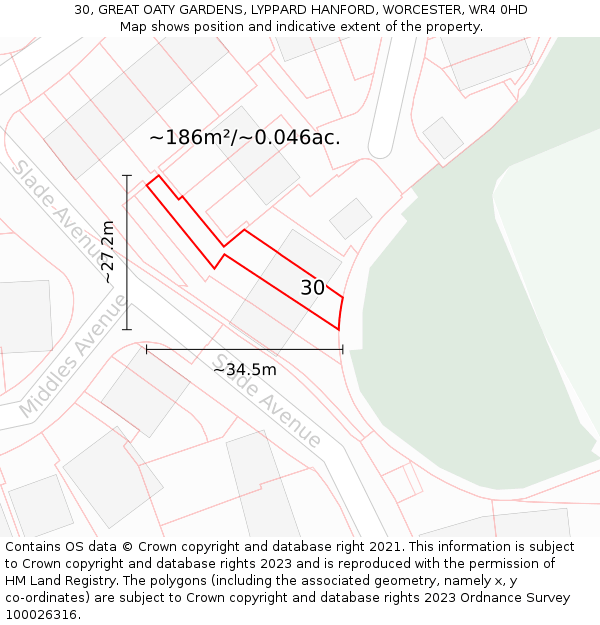 30, GREAT OATY GARDENS, LYPPARD HANFORD, WORCESTER, WR4 0HD: Plot and title map