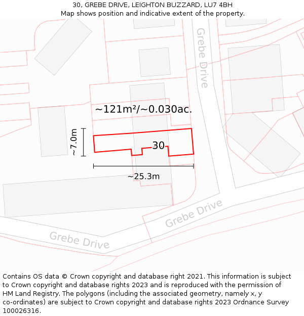 30, GREBE DRIVE, LEIGHTON BUZZARD, LU7 4BH: Plot and title map