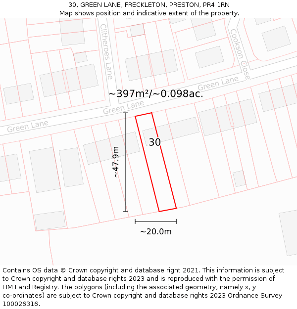 30, GREEN LANE, FRECKLETON, PRESTON, PR4 1RN: Plot and title map