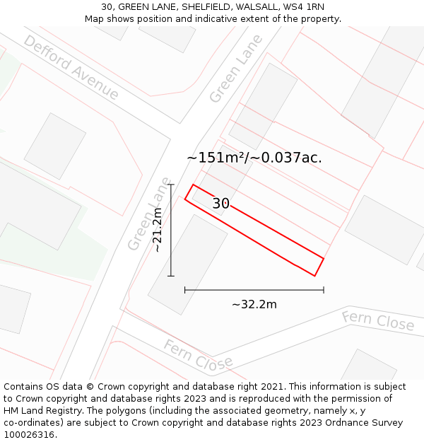 30, GREEN LANE, SHELFIELD, WALSALL, WS4 1RN: Plot and title map