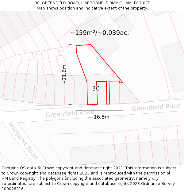30, GREENFIELD ROAD, HARBORNE, BIRMINGHAM, B17 0EE: Plot and title map