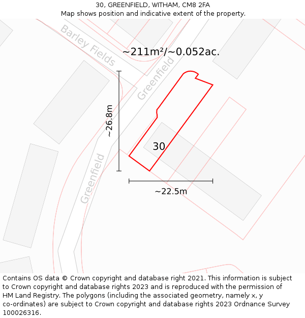 30, GREENFIELD, WITHAM, CM8 2FA: Plot and title map