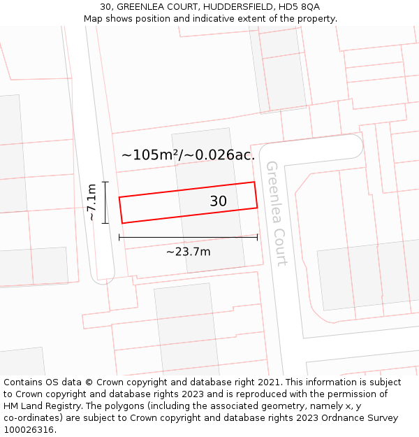 30, GREENLEA COURT, HUDDERSFIELD, HD5 8QA: Plot and title map