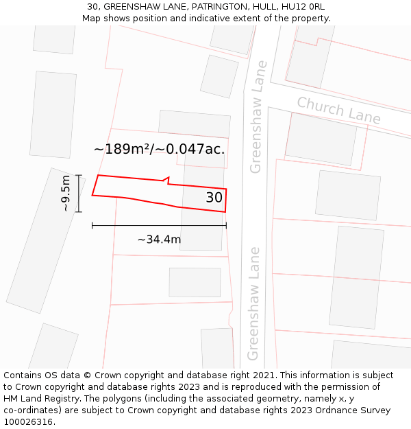 30, GREENSHAW LANE, PATRINGTON, HULL, HU12 0RL: Plot and title map