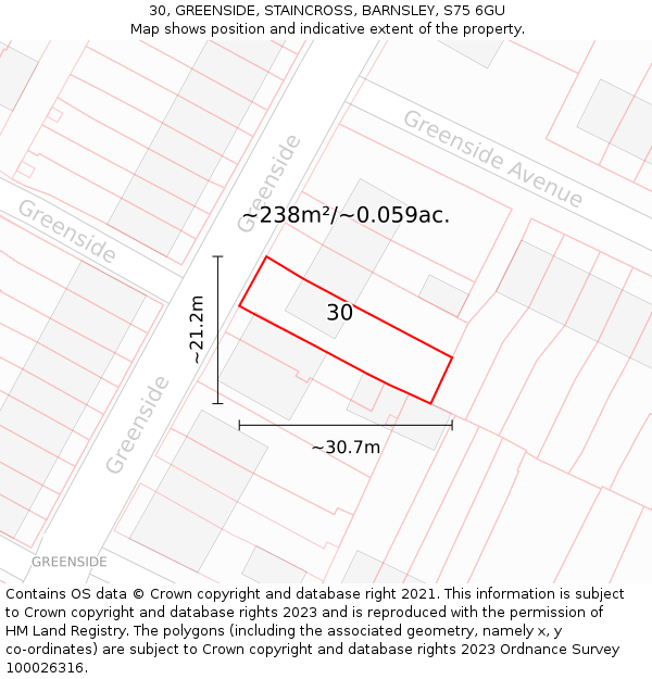 30, GREENSIDE, STAINCROSS, BARNSLEY, S75 6GU: Plot and title map