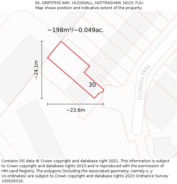 30, GRIFFITHS WAY, HUCKNALL, NOTTINGHAM, NG15 7UU: Plot and title map