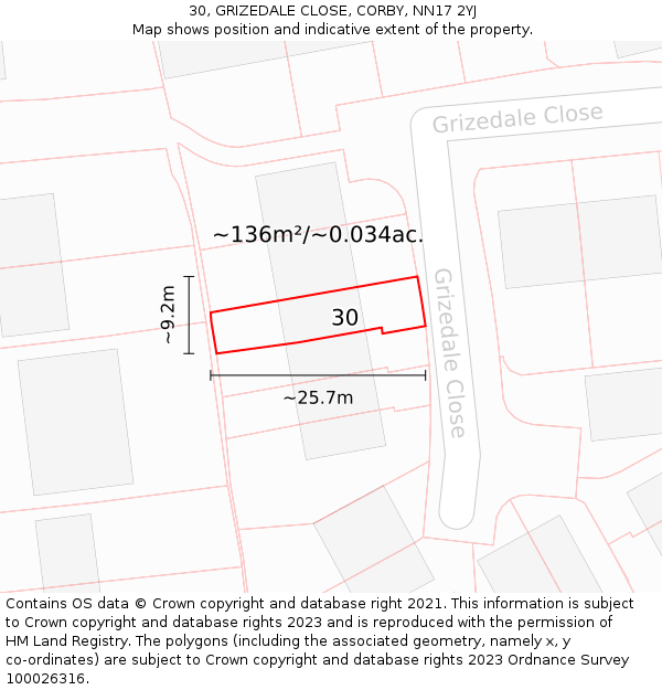 30, GRIZEDALE CLOSE, CORBY, NN17 2YJ: Plot and title map