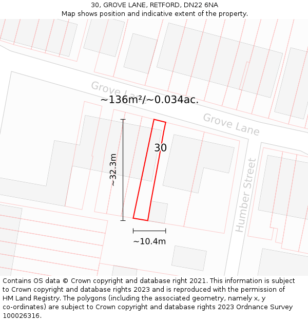30, GROVE LANE, RETFORD, DN22 6NA: Plot and title map