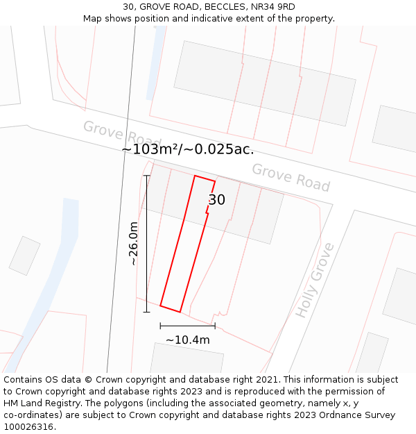 30, GROVE ROAD, BECCLES, NR34 9RD: Plot and title map