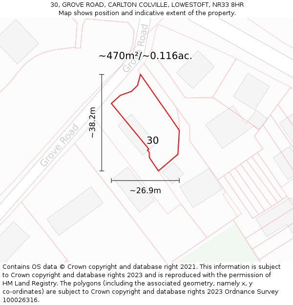 30, GROVE ROAD, CARLTON COLVILLE, LOWESTOFT, NR33 8HR: Plot and title map