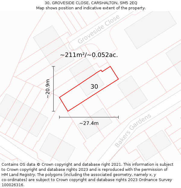 30, GROVESIDE CLOSE, CARSHALTON, SM5 2EQ: Plot and title map
