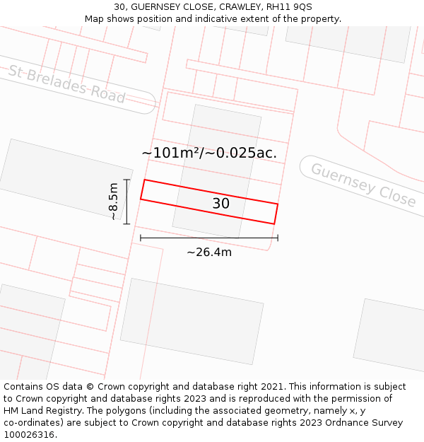 30, GUERNSEY CLOSE, CRAWLEY, RH11 9QS: Plot and title map