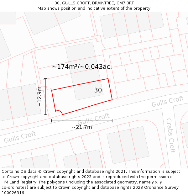 30, GULLS CROFT, BRAINTREE, CM7 3RT: Plot and title map