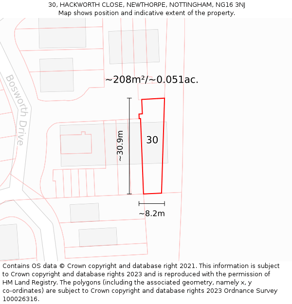 30, HACKWORTH CLOSE, NEWTHORPE, NOTTINGHAM, NG16 3NJ: Plot and title map