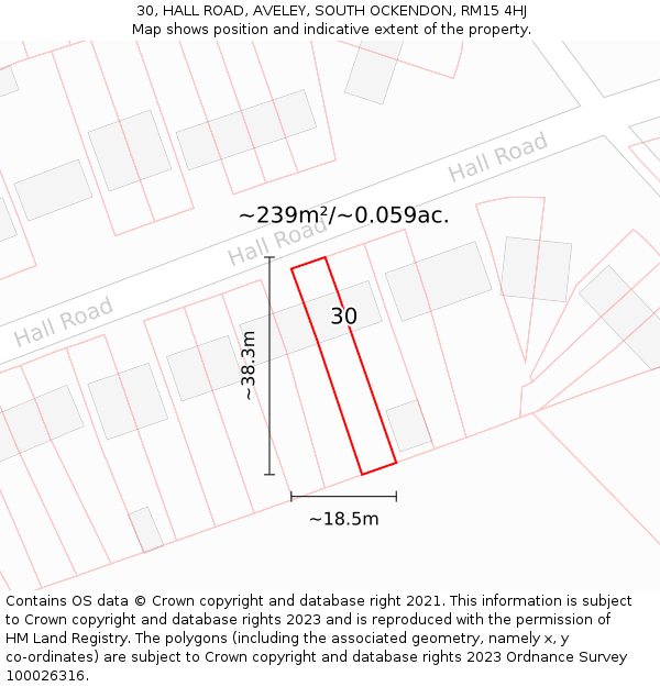30, HALL ROAD, AVELEY, SOUTH OCKENDON, RM15 4HJ: Plot and title map