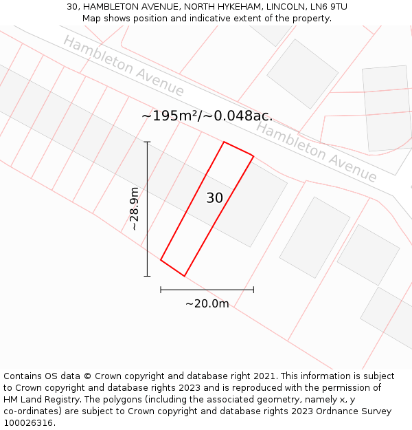 30, HAMBLETON AVENUE, NORTH HYKEHAM, LINCOLN, LN6 9TU: Plot and title map