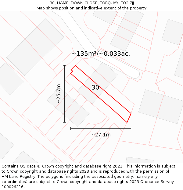 30, HAMELDOWN CLOSE, TORQUAY, TQ2 7JJ: Plot and title map