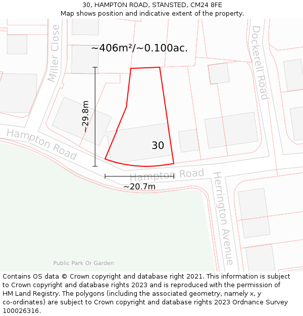 30, HAMPTON ROAD, STANSTED, CM24 8FE: Plot and title map