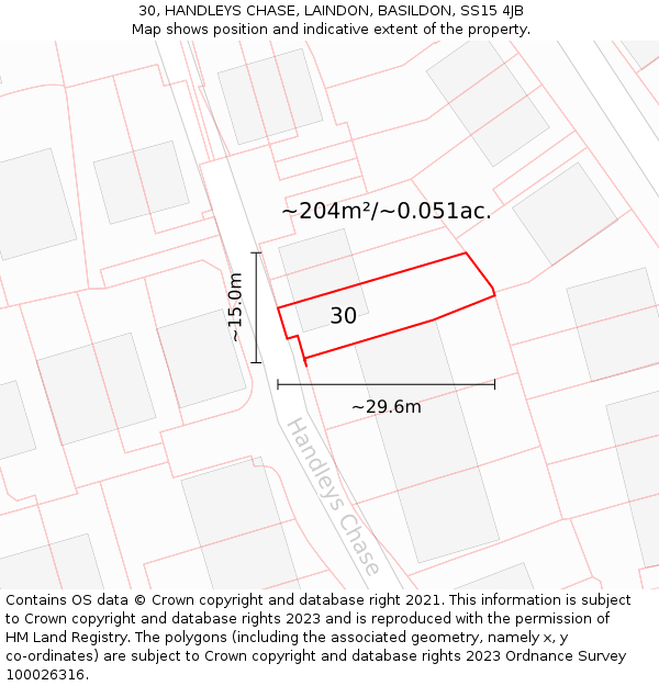 30, HANDLEYS CHASE, LAINDON, BASILDON, SS15 4JB: Plot and title map