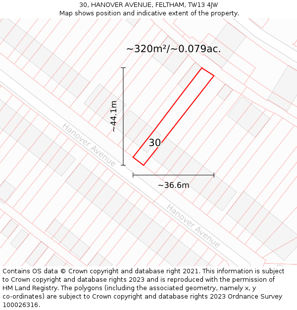 30, HANOVER AVENUE, FELTHAM, TW13 4JW: Plot and title map