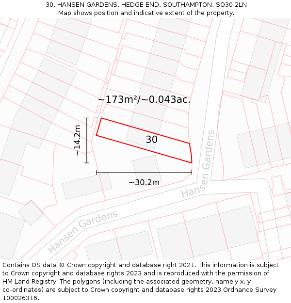 30, HANSEN GARDENS, HEDGE END, SOUTHAMPTON, SO30 2LN: Plot and title map