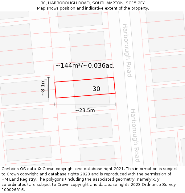 30, HARBOROUGH ROAD, SOUTHAMPTON, SO15 2FY: Plot and title map