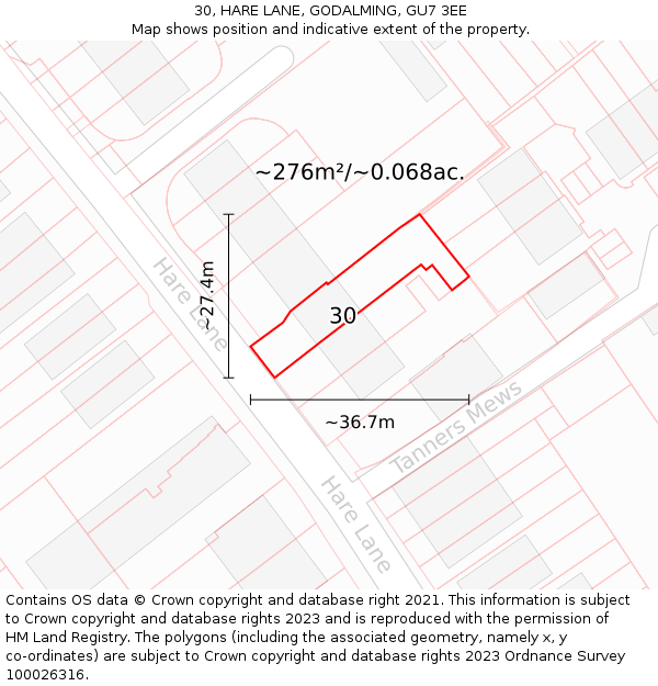 30, HARE LANE, GODALMING, GU7 3EE: Plot and title map