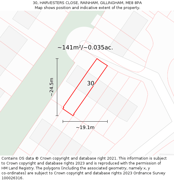 30, HARVESTERS CLOSE, RAINHAM, GILLINGHAM, ME8 8PA: Plot and title map