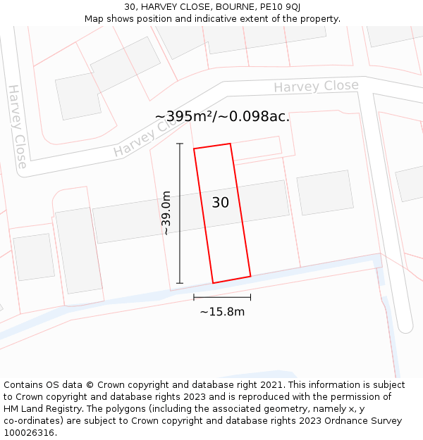 30, HARVEY CLOSE, BOURNE, PE10 9QJ: Plot and title map