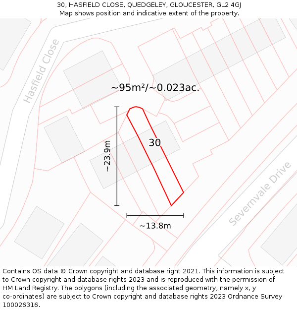 30, HASFIELD CLOSE, QUEDGELEY, GLOUCESTER, GL2 4GJ: Plot and title map