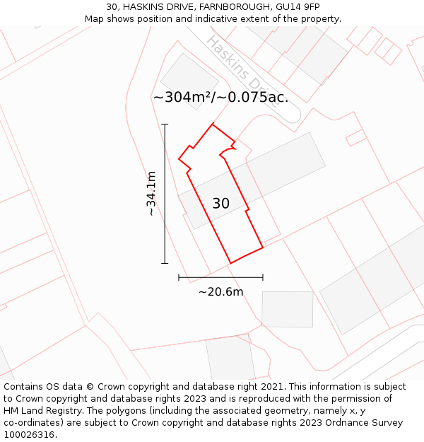 30, HASKINS DRIVE, FARNBOROUGH, GU14 9FP: Plot and title map