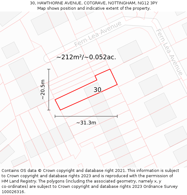 30, HAWTHORNE AVENUE, COTGRAVE, NOTTINGHAM, NG12 3PY: Plot and title map