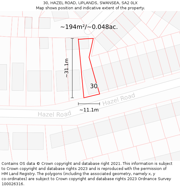 30, HAZEL ROAD, UPLANDS, SWANSEA, SA2 0LX: Plot and title map
