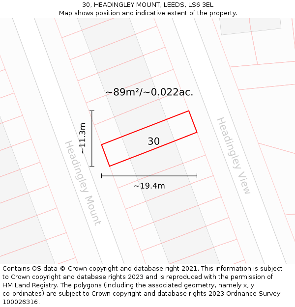 30, HEADINGLEY MOUNT, LEEDS, LS6 3EL: Plot and title map