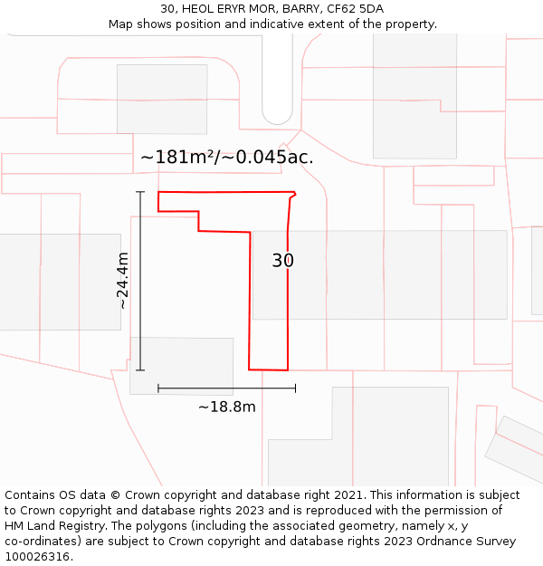 30, HEOL ERYR MOR, BARRY, CF62 5DA: Plot and title map