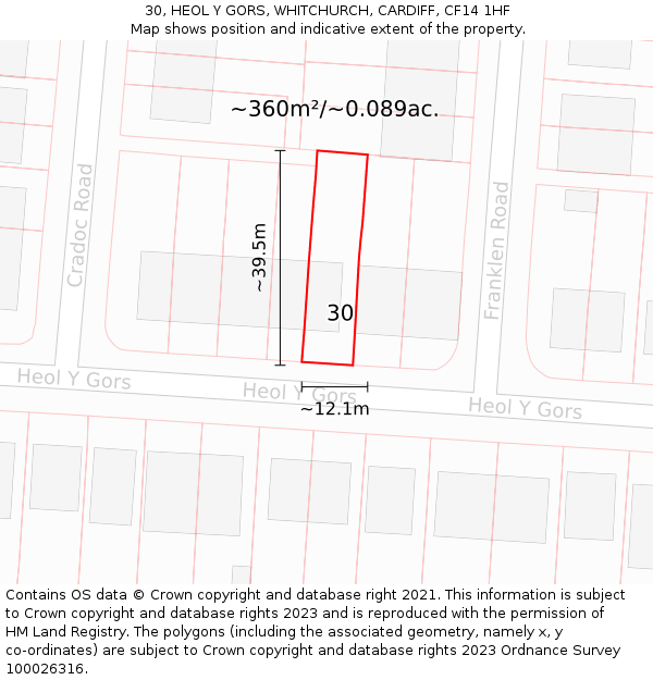 30, HEOL Y GORS, WHITCHURCH, CARDIFF, CF14 1HF: Plot and title map