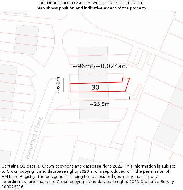30, HEREFORD CLOSE, BARWELL, LEICESTER, LE9 8HP: Plot and title map