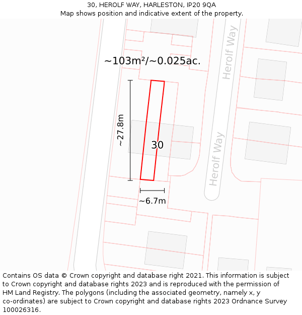 30, HEROLF WAY, HARLESTON, IP20 9QA: Plot and title map
